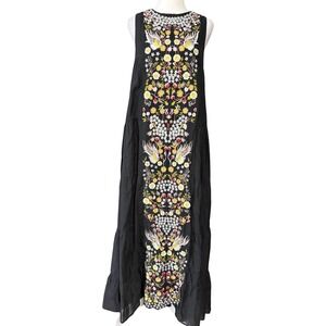Samant Chauhan Dress Womens 6 Black Embroidered‎ Floral Maxi Tiered Sleeveless
